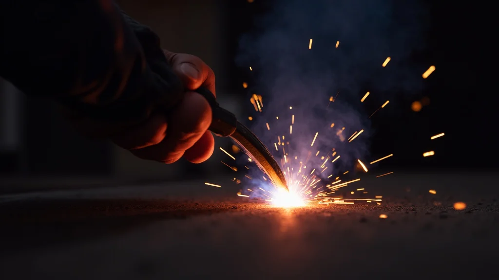The image shows a close-up of a TIG welder's torch creating a smooth weld on steel, illustrating the best gas for TIG welding steel.