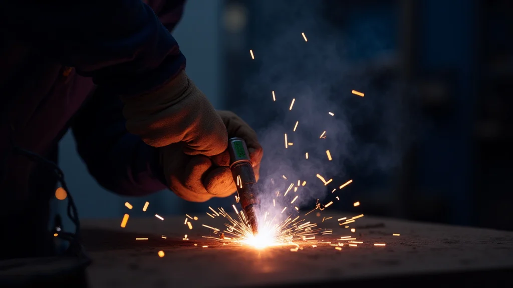 The image shows a person wearing safety gear and checking welding equipment for potential hazards.