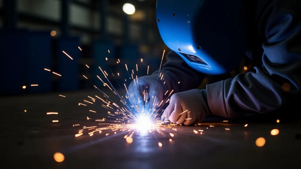 This image shows a welder performing essential safety checks before welding, highlighting pre-weld precautions.