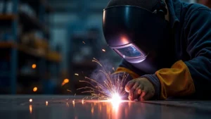 The image shows a welder wearing essential safety gear, highlighting what you need for MIG welding.