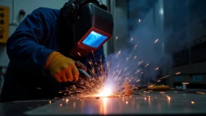 The image shows a person wearing essential welding safety gear for protection.