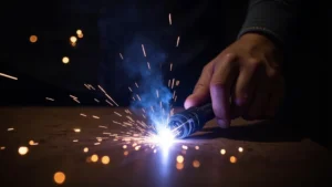 The image shows a MIG welding gun with an arc cutting out, illustrating a common problem in welding.