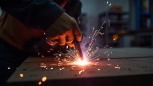 The image shows a MIG welder with smoke rising from it, illustrating overheating issues.