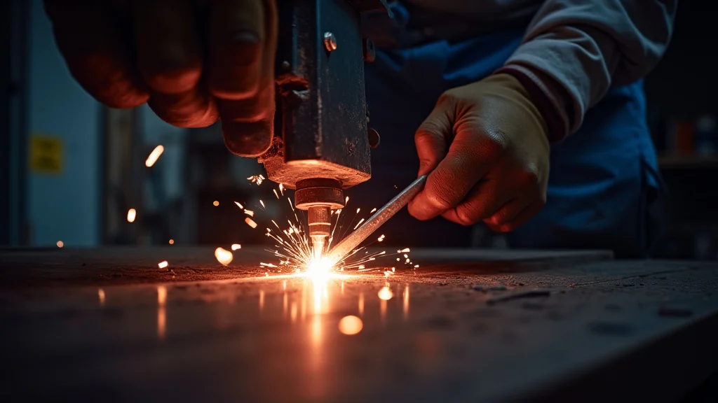 The image shows a MIG welder with wire feeding issues, likely causing an inconsistent arc.