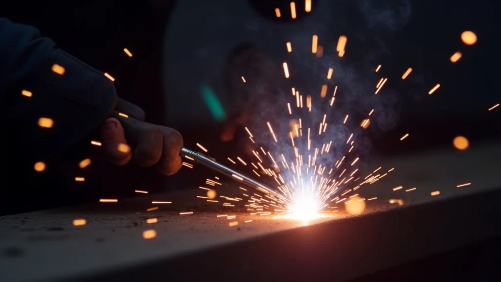 The image shows a MIG welder's output with excessive spatter, illustrating the blog post topic.