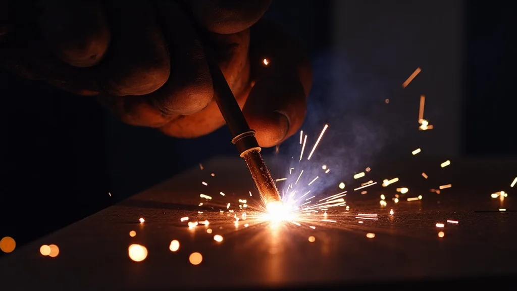 The image shows a stick welder creating an unstable arc with sputtering sparks, illustrating the blog post's topic.