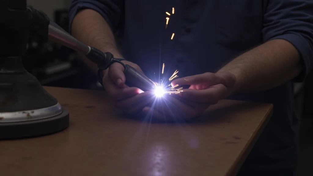 The image shows a stick welder electrode stuck to a metal surface, illustrating welding issues.