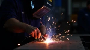 The image shows a welding machine and torch, illustrating potential issues with why my welding machine is not striking an arc.