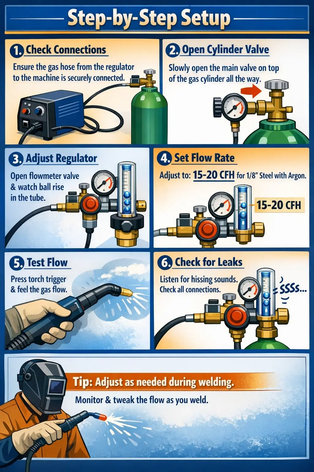 This visual infographic shows a step-by-step welding gas setup process, including checking gas hose connections, opening the cylinder valve, adjusting the regulator flowmeter, setting the correct gas flow rate (15–20 CFH for 1/8 inch steel with argon), testing gas flow with a torch trigger, and checking for leaks, designed as a clear instructional guide for welders and metalworking beginners.